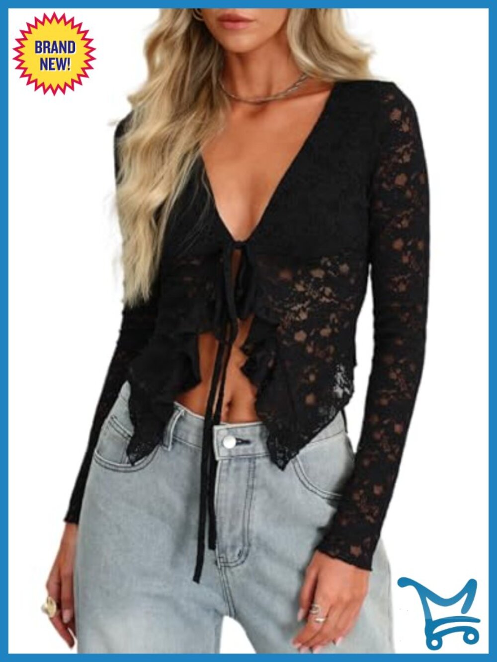 Women's Long Sleeve Ruffle Trim Sheer Mesh Lace Crop Top Blouse
